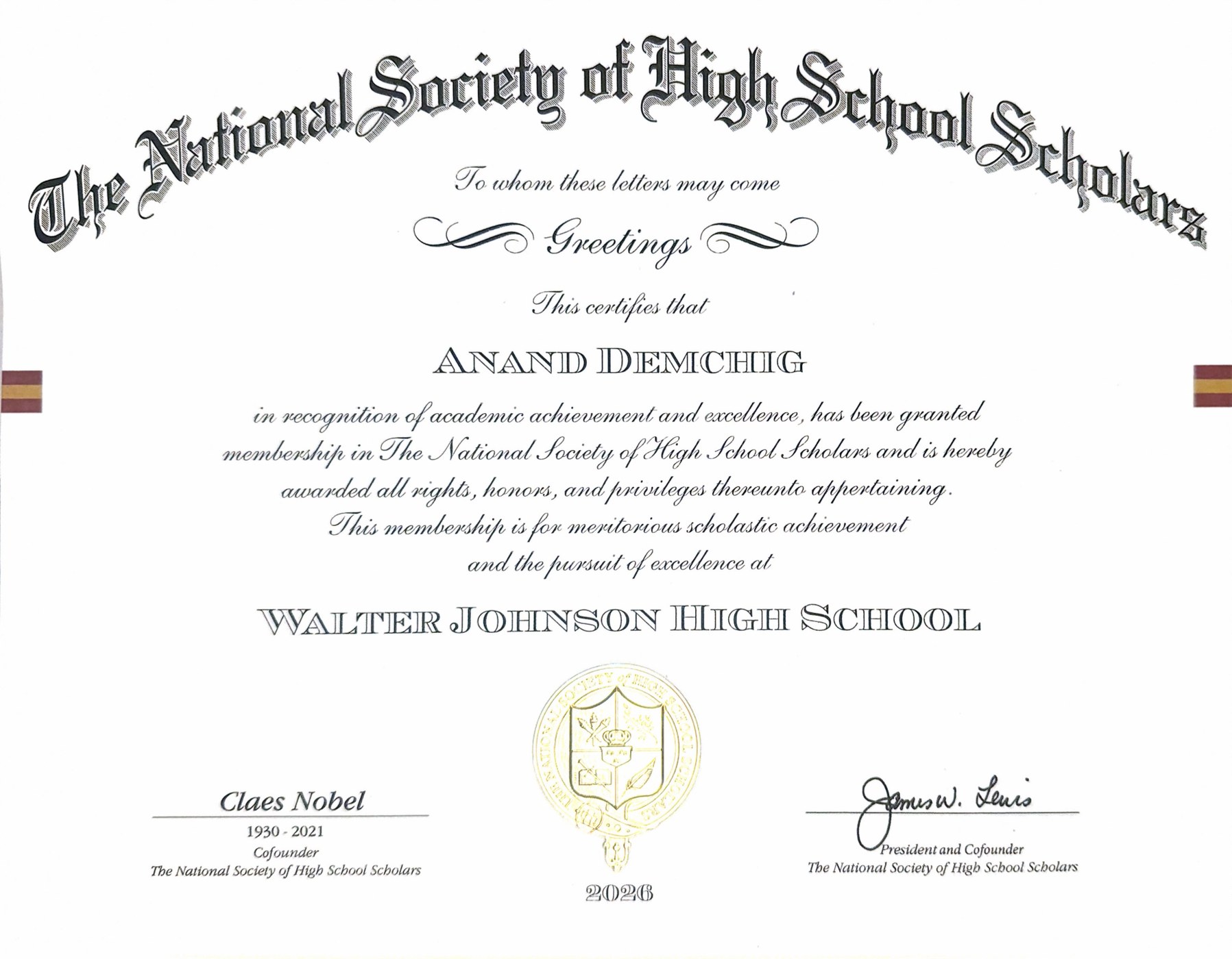 National Society of High School Scholars certificate for Anand Demchig